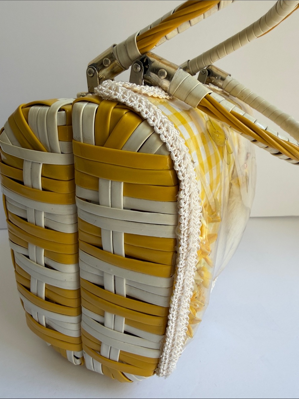 Rare 1960s Vintage Yellow Gingham Fur Accent Women's Handbag - Picture 8 of 15